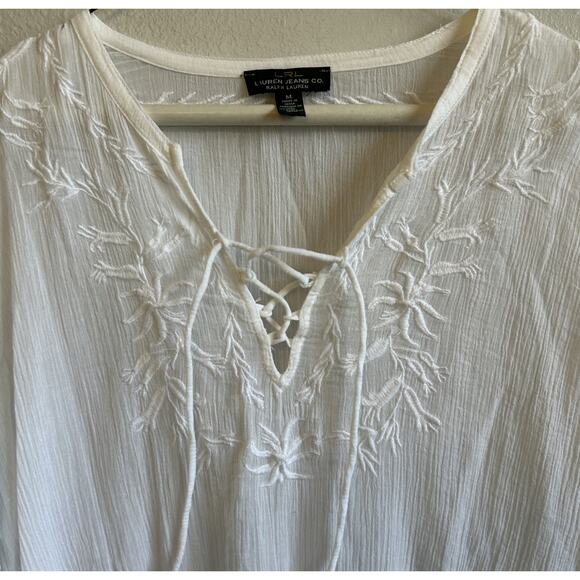 LRL Lauren Jeans Embroidered Sheer Blouse Fairy Bridal Coverup Tunic Peasant Med - Picture 4 of 9